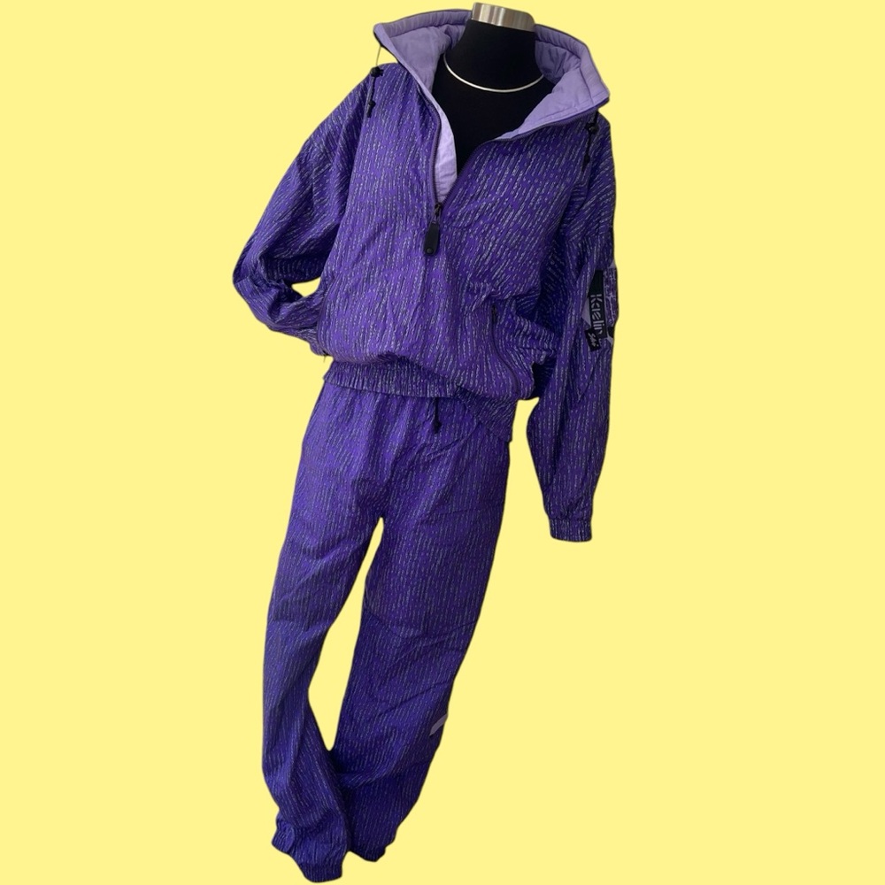 80s Vintage Kaelin two piece ski suit purple abstract 10 jacket pants